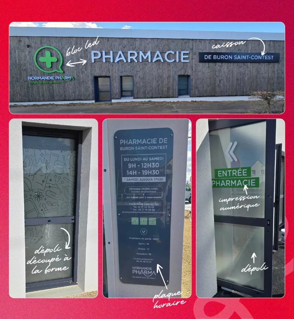 Enseigne en bloc leds Caisson lumineux en ajourage Dépoli imprimé et découpé à la forme Plaque horaire en PMMA incolore avec impression numérique miroir