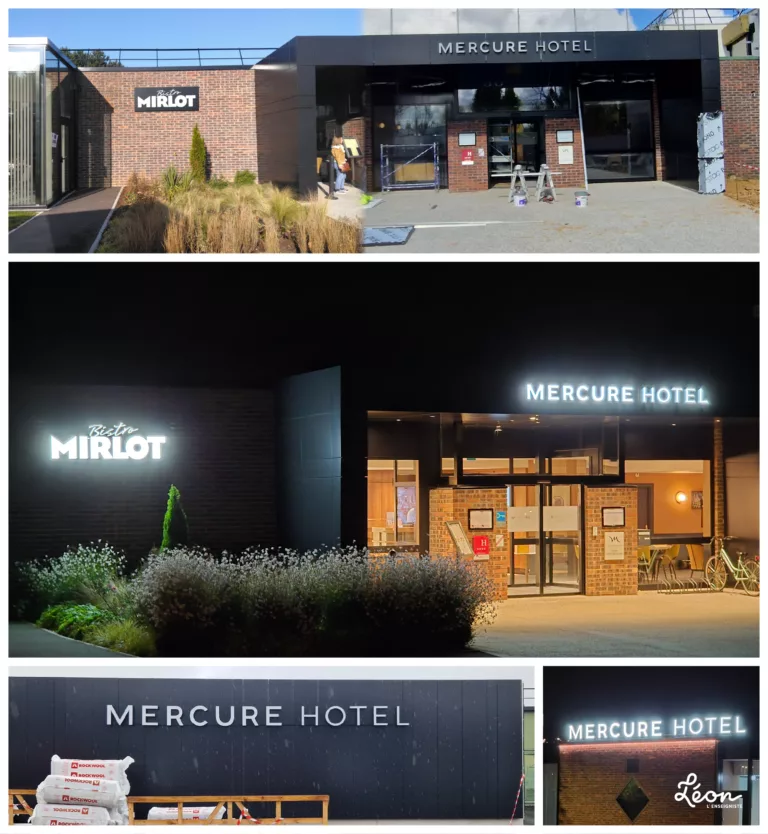 Lettres boitiers lumineuses Chants alu laqués Faces en PMMA diffusant Eclairage par leds, installation sur lisse Caisson lumineux