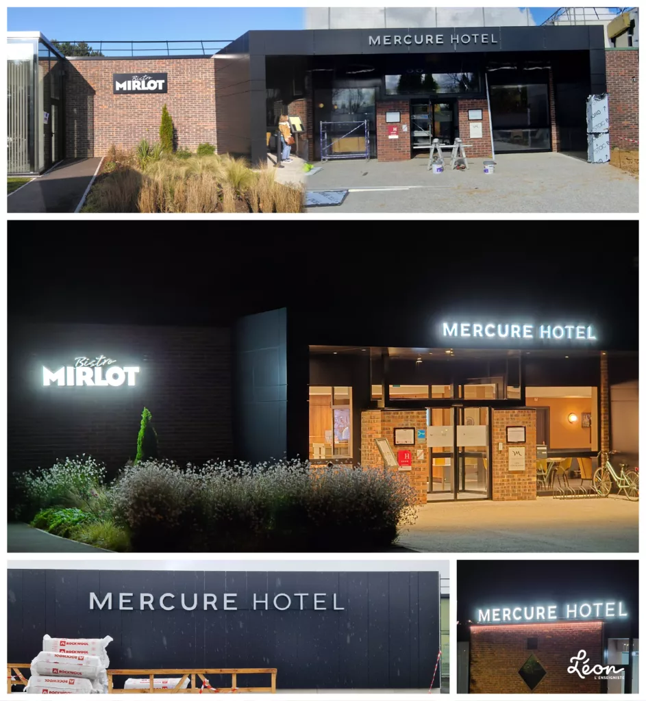 Lettres boitiers lumineuses Chants alu laqués Faces en PMMA diffusant Eclairage par leds, installation sur lisse Caisson lumineux