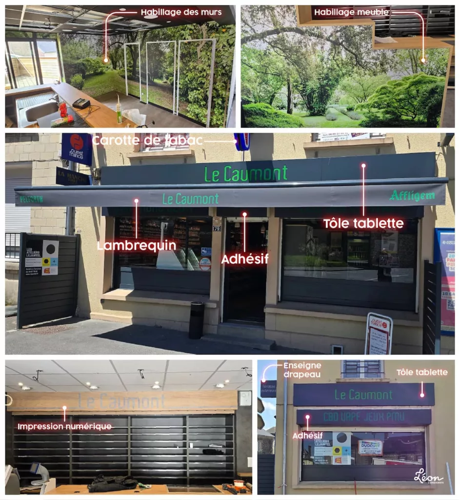 Habillage intérieure en impression numérique Lambrequin lumineux Tôle tablette avec lettrages en imbrication vert Enseigne drapeau